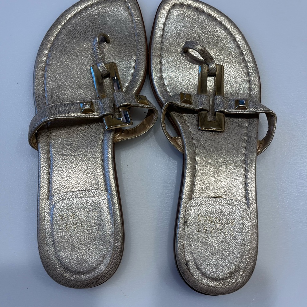 Metallic Gold Stuart Weitzman Sandals with Buckle Detail